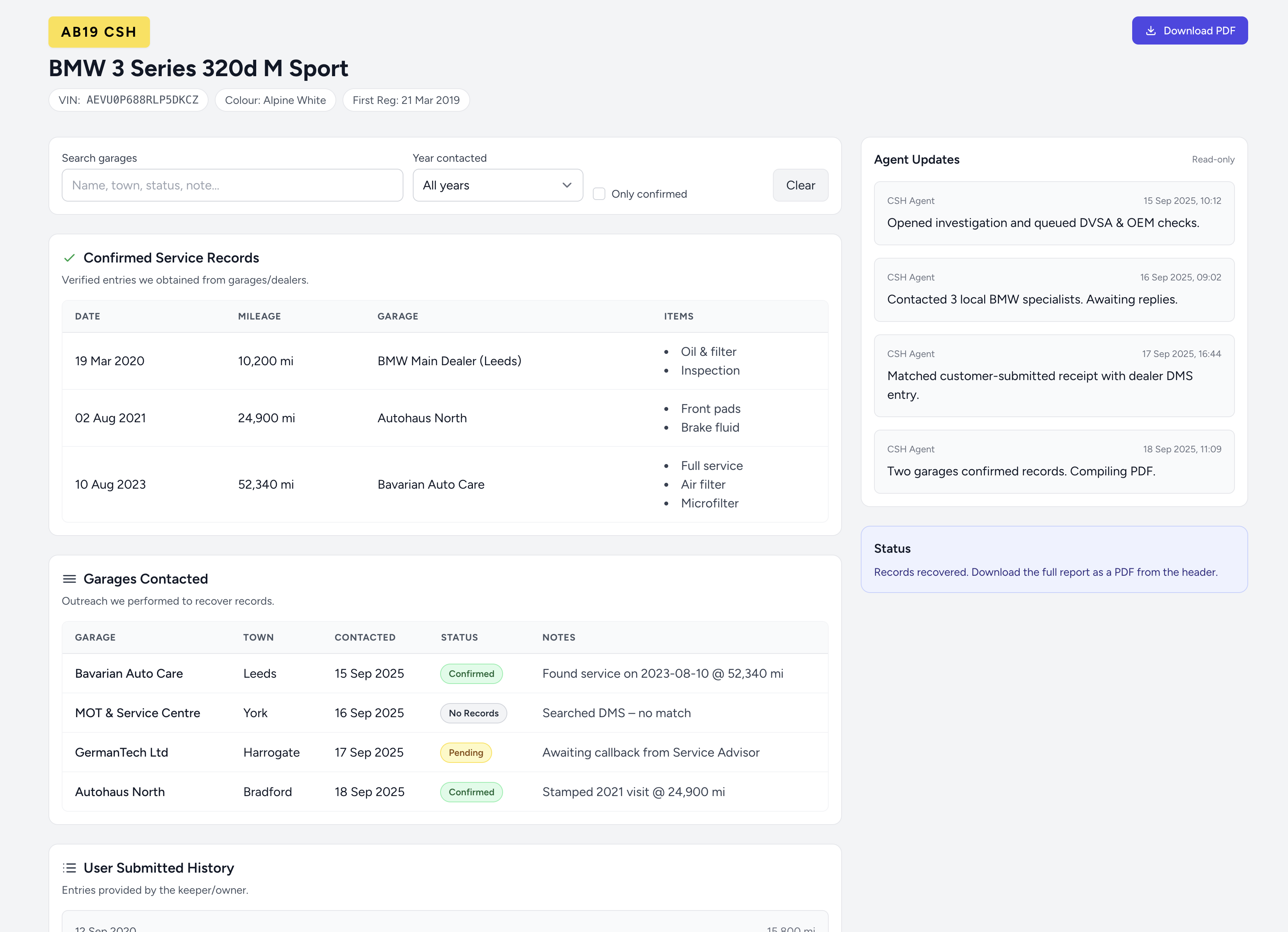 Demo Volkswagen – správa o histórii servisu z FindMyCarHistory.com zobrazujúca overené záznamy o servise, časovú os najazdených kilometrov a záznam o kontaktovaní servisu